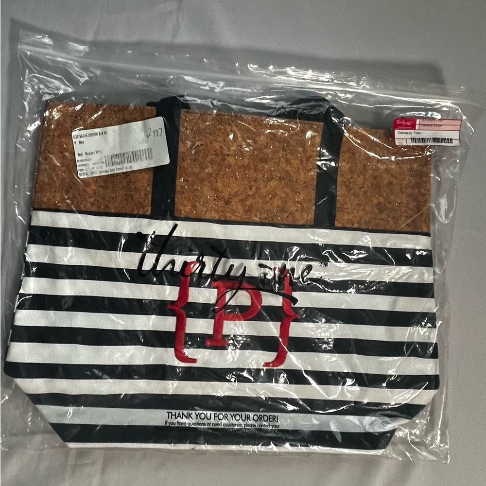 Thirty-One Cabana Stripe Getaway ToteBag with letter “P” embroidered on front.